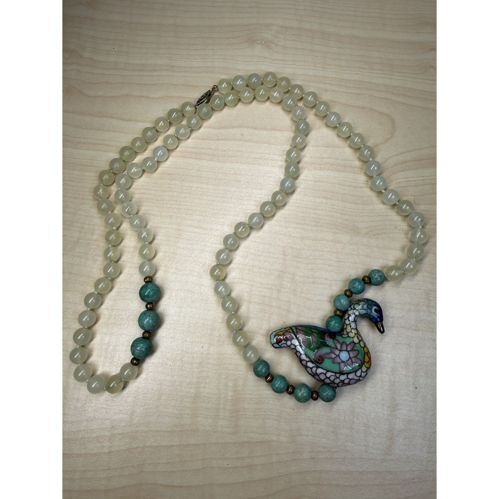 VTG Chinese jade? Cloisonne Brass Enamel Goodluck Goose Bird‎ Pendant Necklace - Picture 6 of 16
